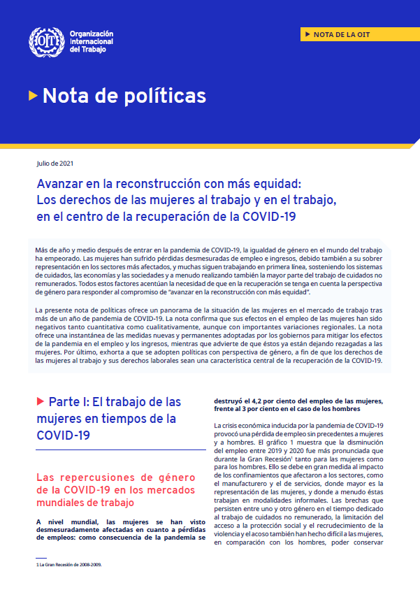 Avanzar en la reconstrucción con más equidad: Los derechos de las mujeres al trabajo y en el trabajo, en el centro de la recuperación de la COVID-19