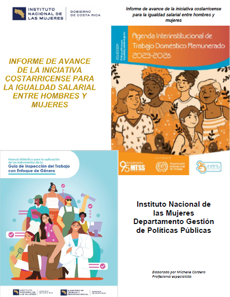 An illustrated title page of “Informe de avance de la iniciativa costarricense para la igualdad salarial entre hombres y mujeres” (progress report on the Costa Rican initiative for equal pay between men and women)